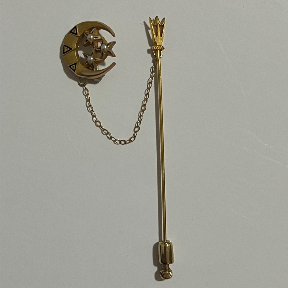 Vintage Art Deco 10K Gold Tri Delta Moon & Star Chain Stick Pin Brooch - Picture 6 of 14